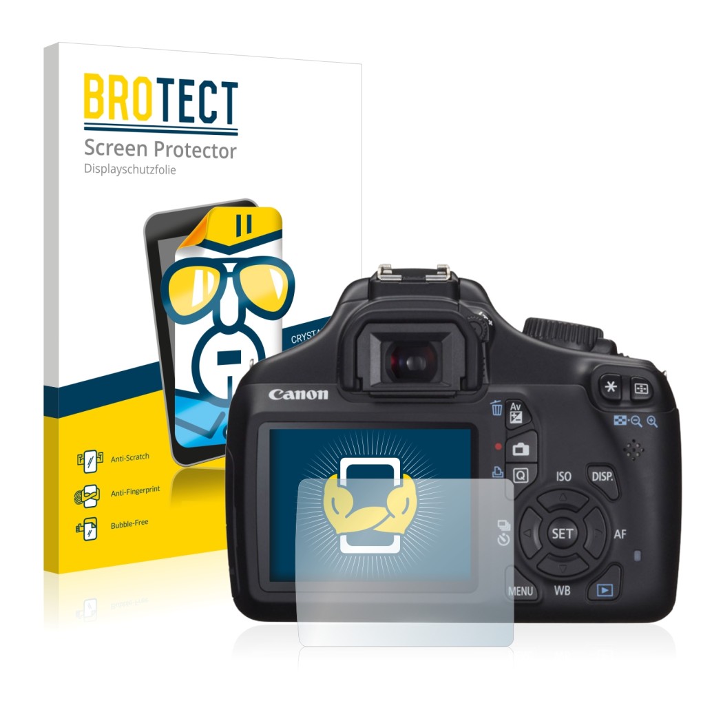 Parte frontal de un envase de producto con el logotipo de la marca BROTECT. Al lado se muestra el dispositivo Canon EOS 1100D 