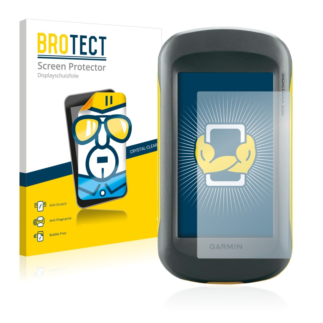 Front side of a product packaging with the brand logo BROTECT. Next to it is the device Garmin Montana 600 shown with the corr