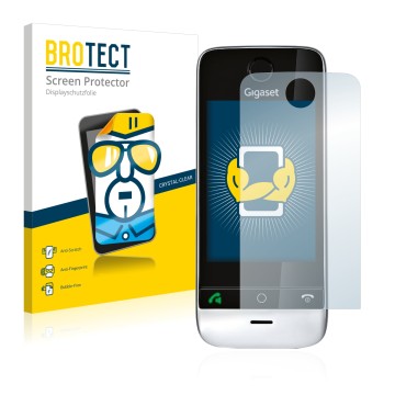 Front side of a product packaging with the brand logo BROTECT. Next to it is the device Gigaset SL910 (circular cutout) shown 