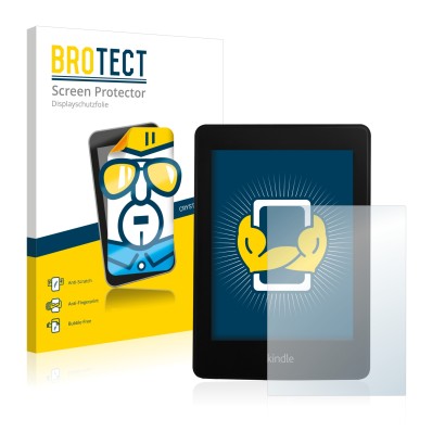 Front side of a product packaging with the brand logo BROTECT. Next to it is the device Amazon Kindle Paperwhite 2013 shown wi