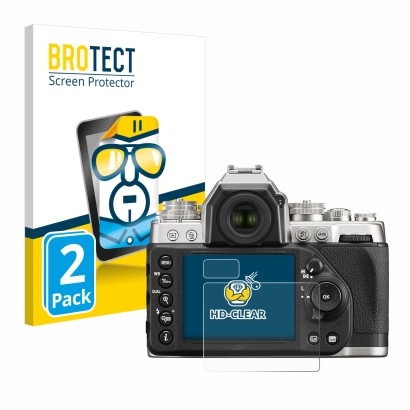 Face avant d’un emballage produit avec le logo de la marque BROTECT. À côté, l’appareil Nikon Df est représenté avec la protec
