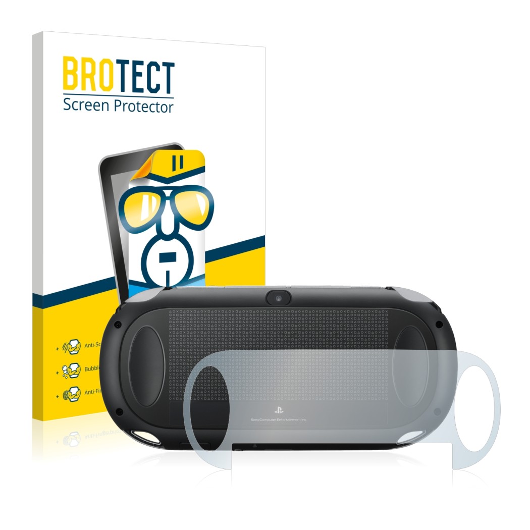 Parte frontal de un envase de producto con el logotipo de la marca BROTECT. Al lado se muestra el dispositivo Sony Playstation