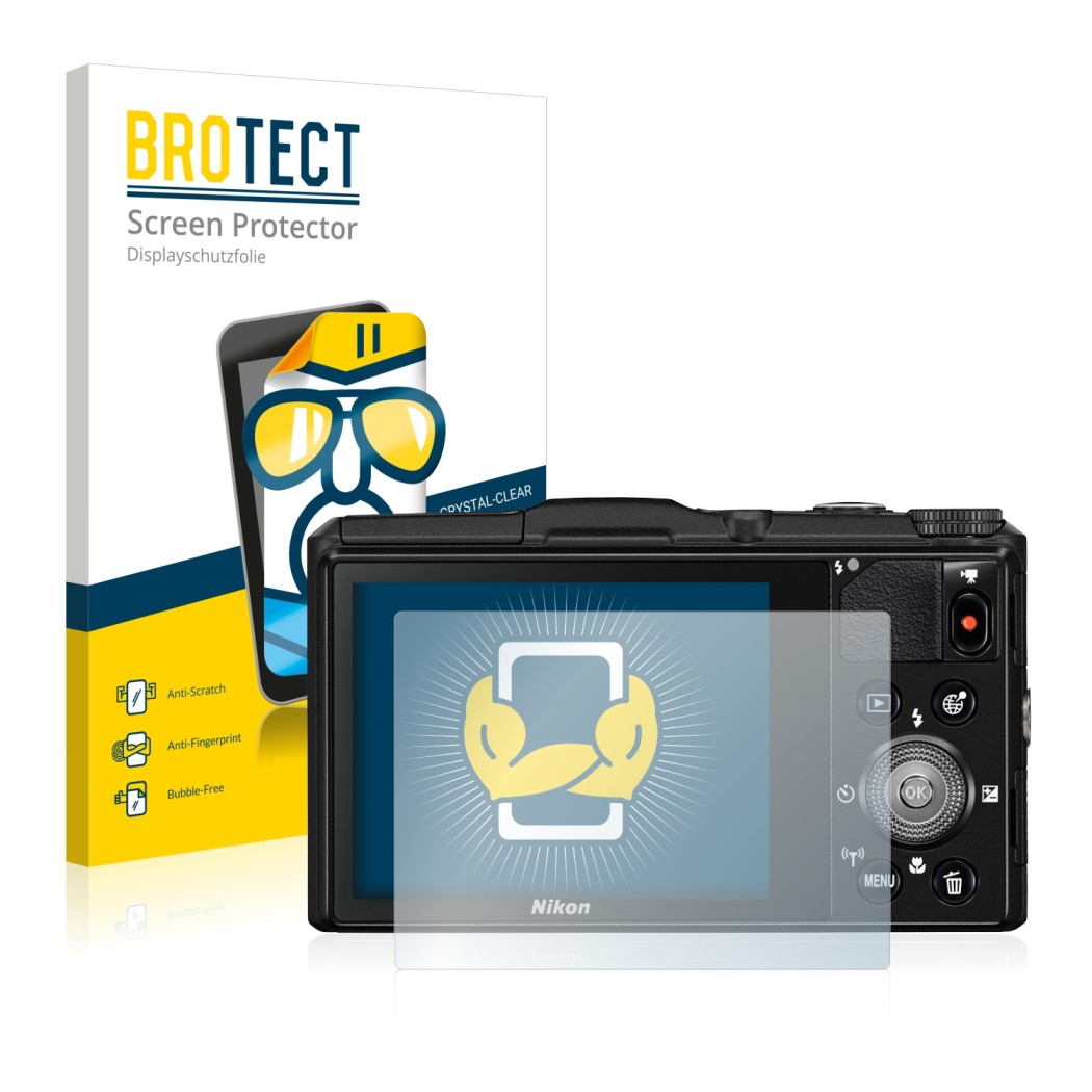 Front side of a product packaging with the brand logo BROTECT. Next to it is the device Nikon Coolpix S9700 shown with the cor