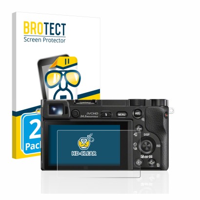 Face avant d’un emballage produit avec le logo de la marque BROTECT. À côté, l’appareil Sony Alpha 6000 est représenté avec la