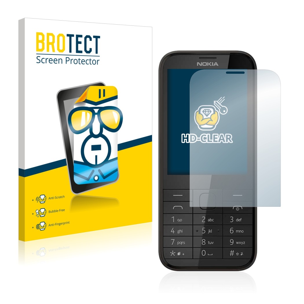 Front side of a product packaging with the brand logo BROTECT. Next to it is the device Nokia 225 shown with the corresponding