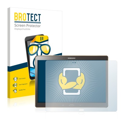 Front side of a product packaging with the brand logo BROTECT. Next to it is the device Samsung Galaxy Tab S 10.5 SM-T800 show