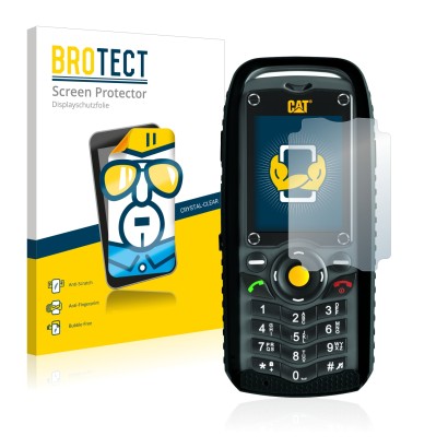 Parte frontal de un envase de producto con el logotipo de la marca BROTECT. Al lado se muestra el dispositivo Caterpillar Cat