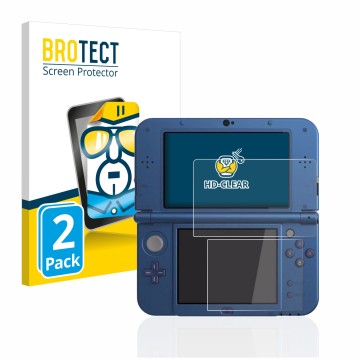 Face avant d’un emballage produit avec le logo de la marque BROTECT. À côté, l’appareil Nintendo New 3DS XL est représenté ave