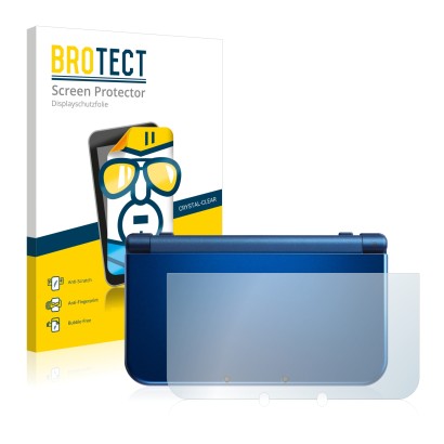 Face avant d’un emballage produit avec le logo de la marque BROTECT. À côté, l’appareil Nintendo New 3DS XL (boîtier) est repr