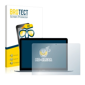 Parte frontal de un envase de producto con el logotipo de la marca BROTECT. Al lado se muestra el dispositivo Apple MacBook 12