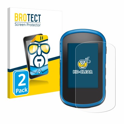 Parte frontal de un envase de producto con el logotipo de la marca BROTECT. Al lado se muestra el dispositivo Garmin eTrex Tou