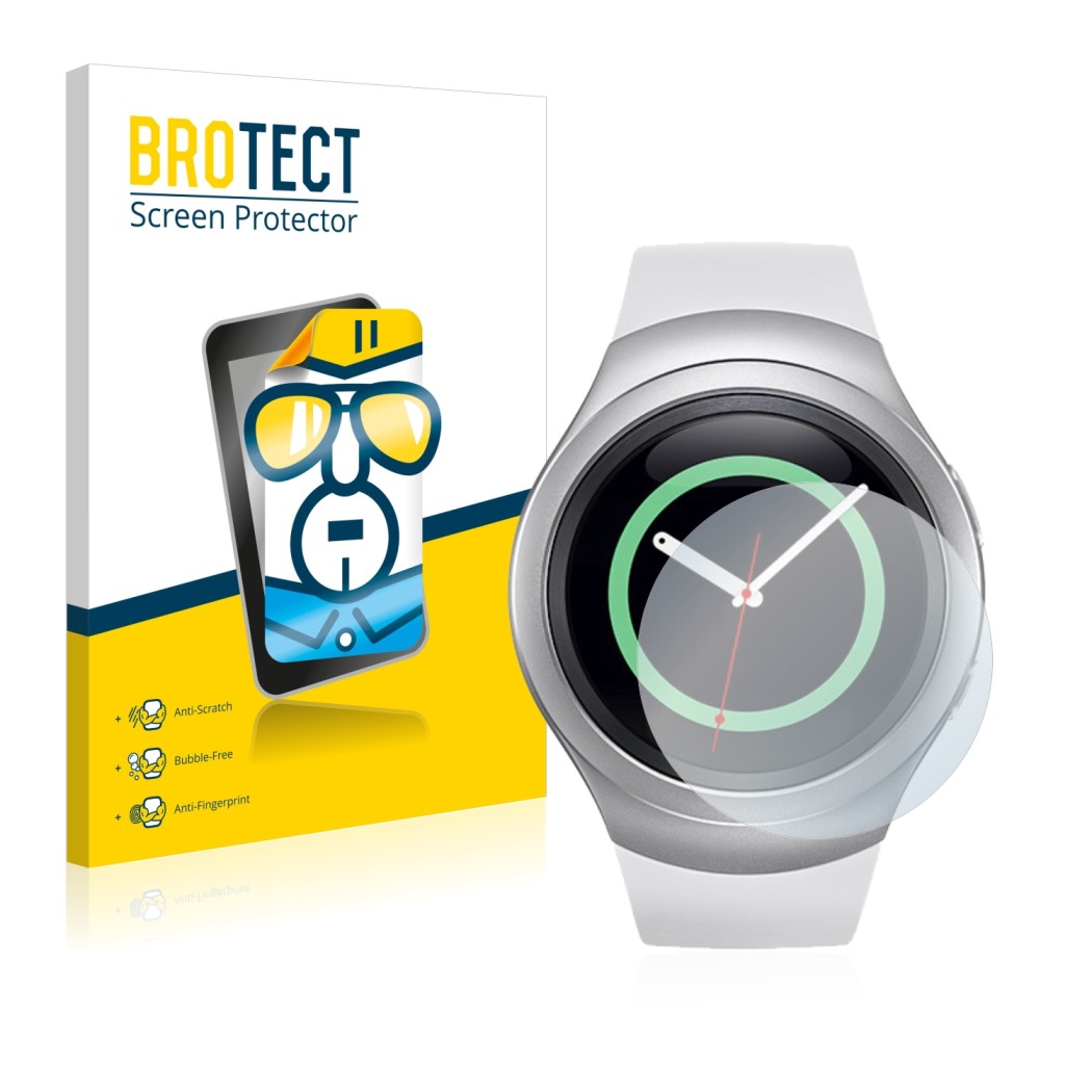 Front side of a product packaging with the brand logo BROTECT. Next to it is the device Samsung Gear S2 shown with the corresp