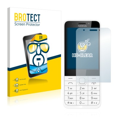 Front side of a product packaging with the brand logo BROTECT. Next to it is the device Nokia 230 shown with the corresponding