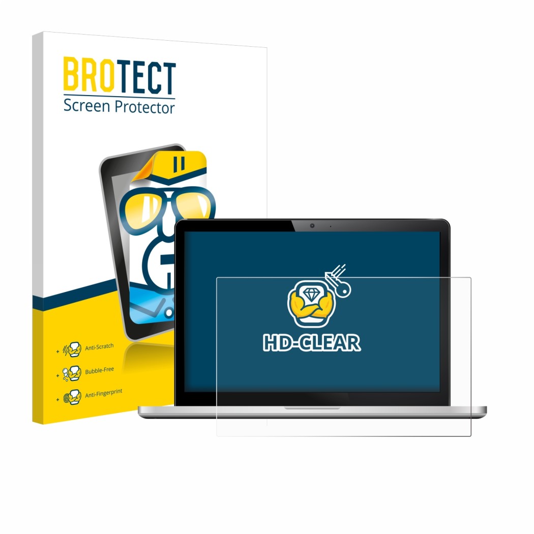 Front side of a product packaging with the brand logo BROTECT. Next to it is the device shown with the corresponding screen pr