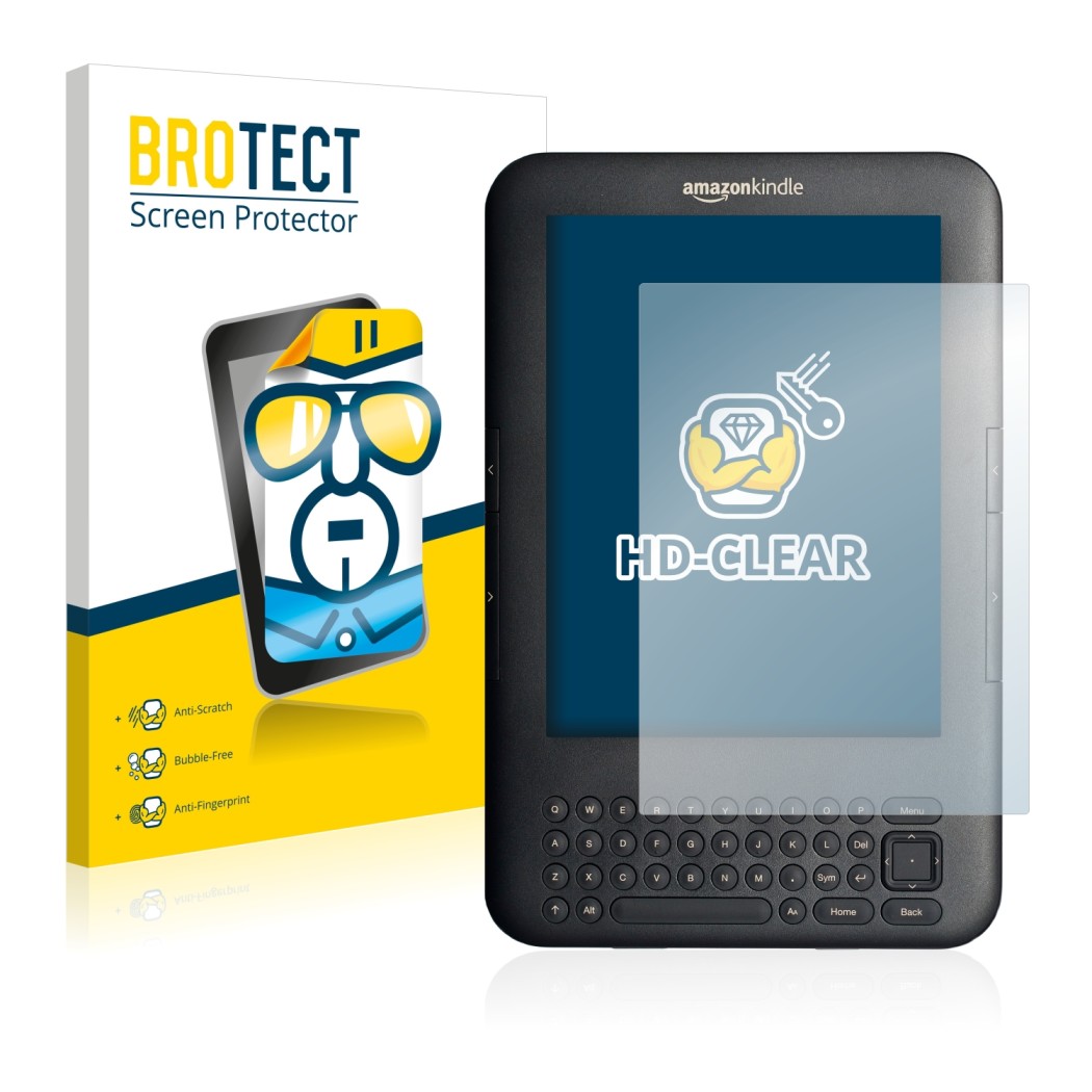 Face avant d’un emballage produit avec le logo de la marque BROTECT. À côté, l’appareil Amazon Kindle 3 est représenté avec la