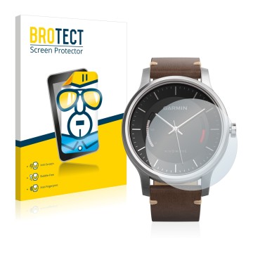 Face avant d’un emballage produit avec le logo de la marque BROTECT. À côté, l’appareil Garmin vivomove est représenté avec la