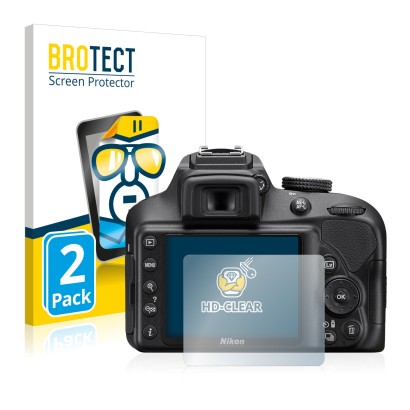 Front side of a product packaging with the brand logo BROTECT. Next to it is the device Nikon D3400 shown with the correspondi