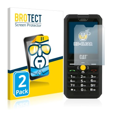 Parte frontal de un envase de producto con el logotipo de la marca BROTECT. Al lado se muestra el dispositivo Caterpillar Cat 