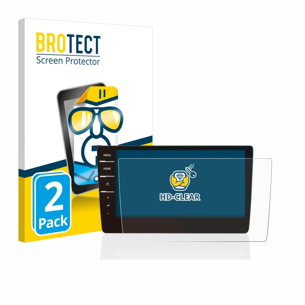 Front side of a product packaging with the brand logo BROTECT. Next to it is the device Volkswagen Golf 7 Discover Pro 9.2