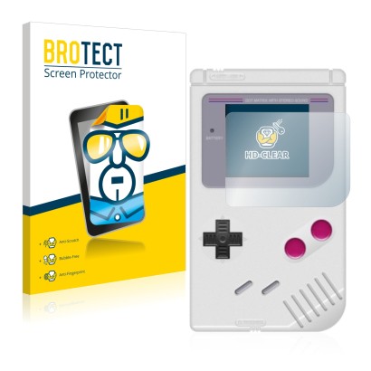 Front side of a product packaging with the brand logo BROTECT. Next to it is the device Nintendo Gameboy (1989) shown with the