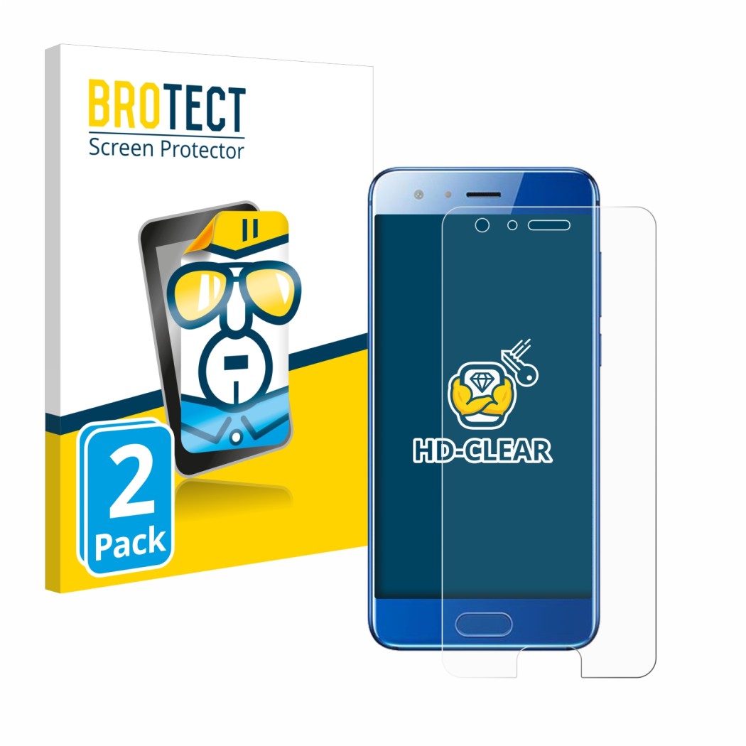 Face avant d’un emballage produit avec le logo de la marque BROTECT. À côté, l’appareil Honor 9 est représenté avec la protect
