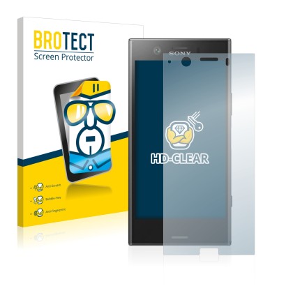 Vorderseite einer Produktverpackung mit dem Markenlogo BROTECT. Daneben ist das Gerät Sony Xperia XZ1 Compact mit dem zugehöri