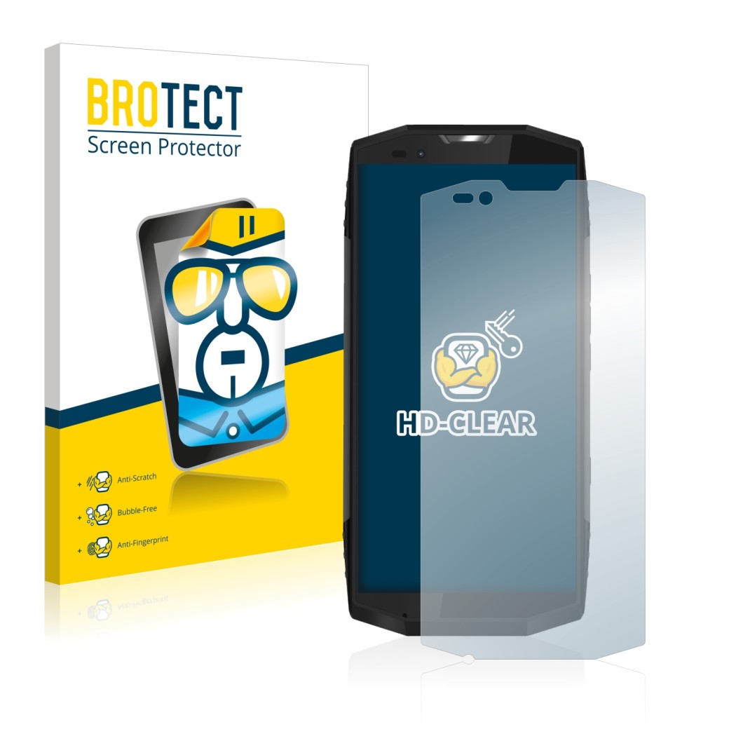 Face avant d’un emballage produit avec le logo de la marque BROTECT. À côté, l’appareil Blackview BV9000 Pro est représenté av