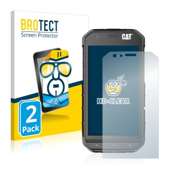 Front side of a product packaging with the brand logo BROTECT. Next to it is the device Caterpillar Cat S31 shown with the cor