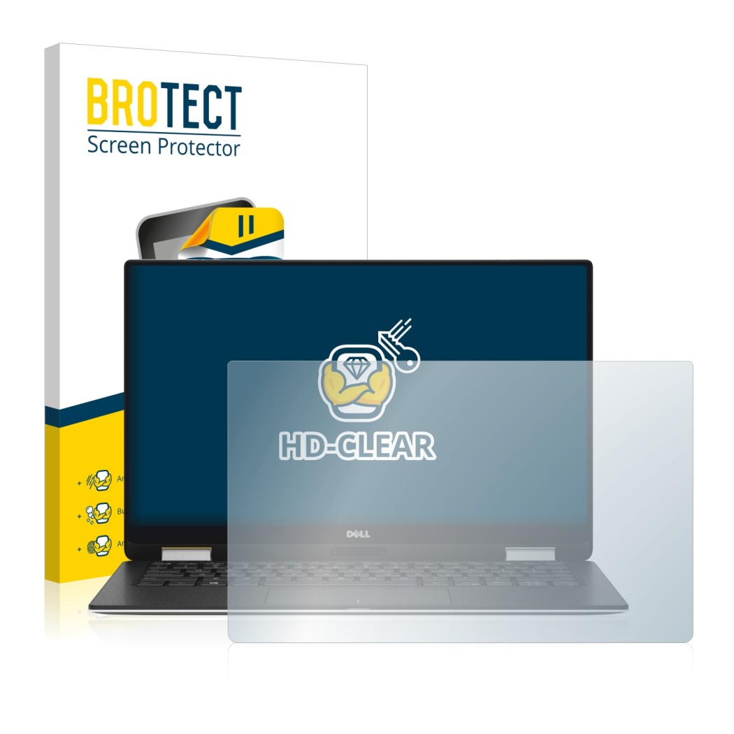 Face avant d’un emballage produit avec le logo de la marque BROTECT. À côté, l’appareil Dell XPS 13 9365 2-in-1 est représenté