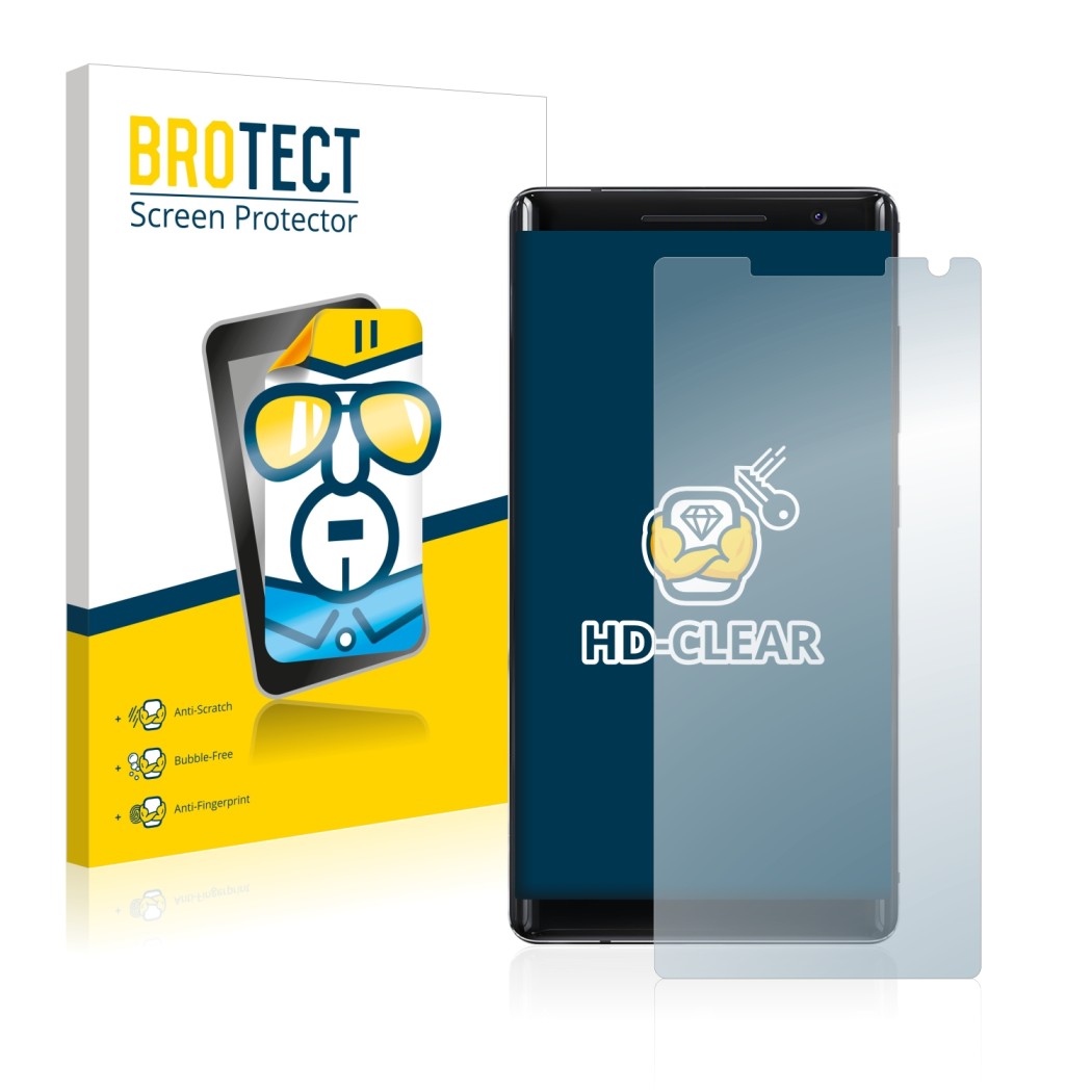 Front side of a product packaging with the brand logo BROTECT. Next to it is the device Nokia 8 Sirocco shown with the corresp