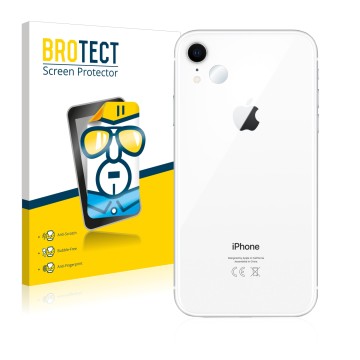 Face avant d’un emballage produit avec le logo de la marque BROTECT. À côté, l’appareil Apple iPhone XR (Caméra UNIQUEMENT) es