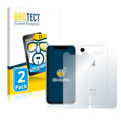 Vorderseite einer Produktverpackung mit dem Markenlogo BROTECT. Daneben ist das Gerät Apple iPhone XR (Display+Rückseite) mit 