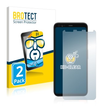 Front side of a product packaging with the brand logo BROTECT. Next to it is the device Google Pixel 4 shown with the correspo