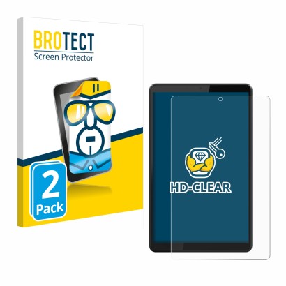 Front side of a product packaging with the brand logo BROTECT. Next to it is the device Lenovo Tab M8 shown with the correspon