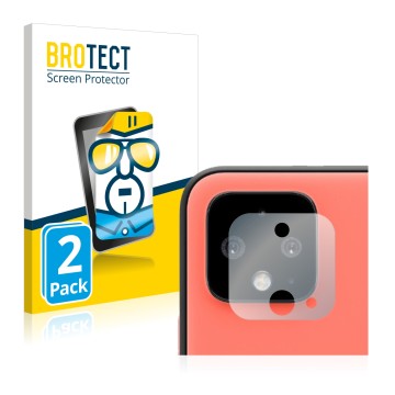 Front side of a product packaging with the brand logo BROTECT. Next to it is the device Google Pixel 4 (ONLY Camera Lens) show