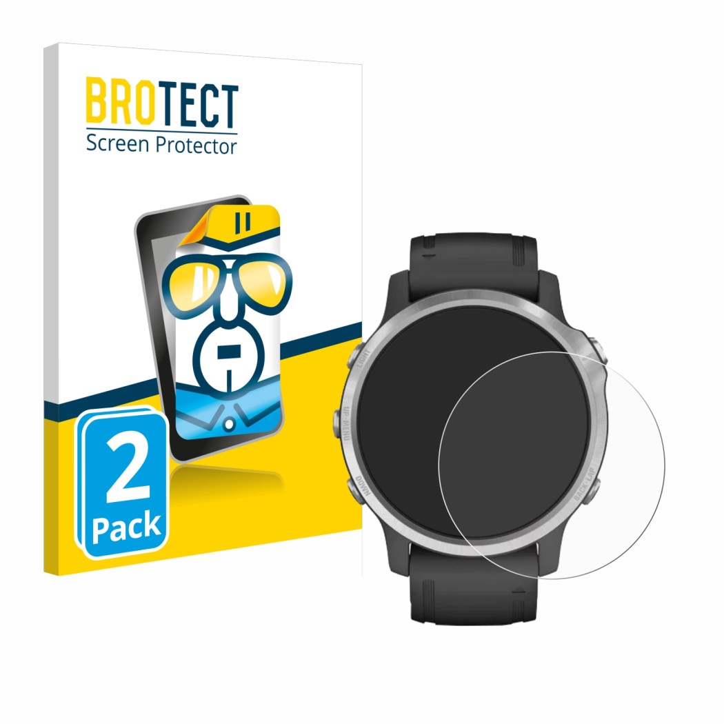 Face avant d’un emballage produit avec le logo de la marque BROTECT. À côté, l’appareil Garmin Fenix 6S est représenté avec la