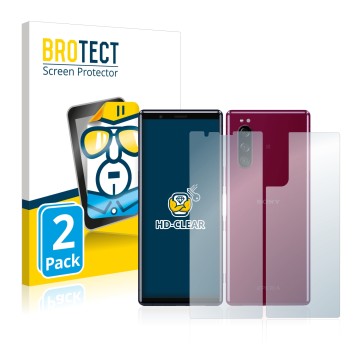 Face avant d’un emballage produit avec le logo de la marque BROTECT. À côté, l’appareil Sony Xperia 5 (Avant+Arrière) est repr