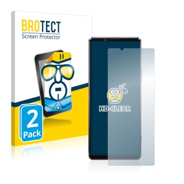 Front side of a product packaging with the brand logo BROTECT. Next to it is the device Sony Xperia 1 II shown with the corres