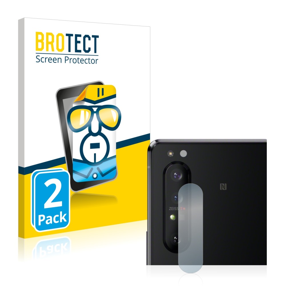 Front side of a product packaging with the brand logo BROTECT. Next to it is the device Sony Xperia 1 II (ONLY Camera Lens) sh