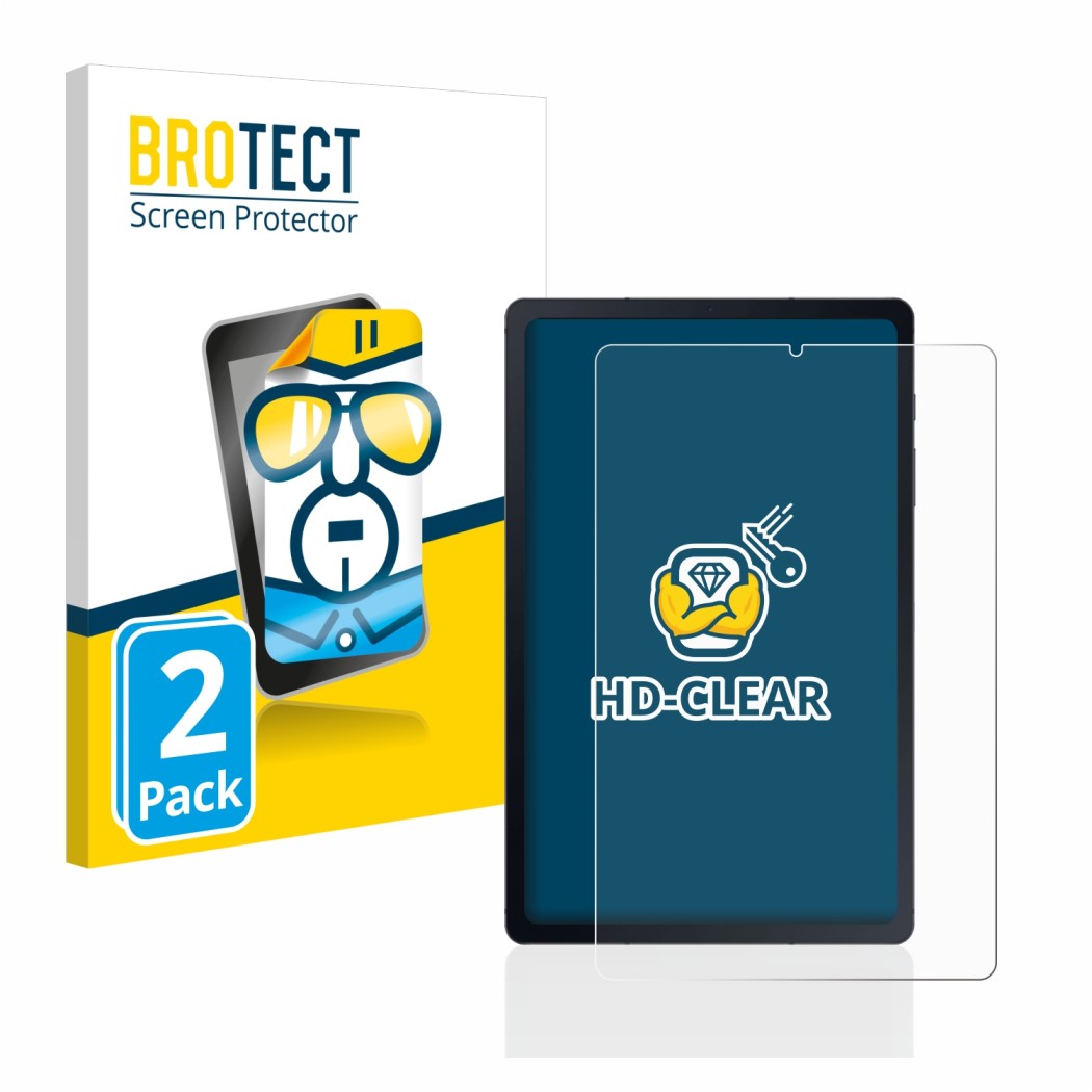 Face avant d’un emballage produit avec le logo de la marque BROTECT. À côté, l’appareil Samsung Galaxy Tab S6 Lite LTE 2020 es