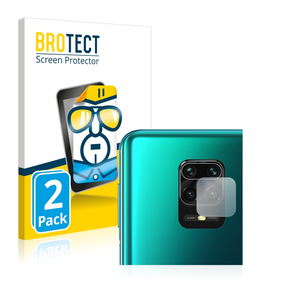 Parte frontale di una confezione del prodotto con il logo del marchio BROTECT. Accanto è raffigurato il dispositivo Xiaomi Red