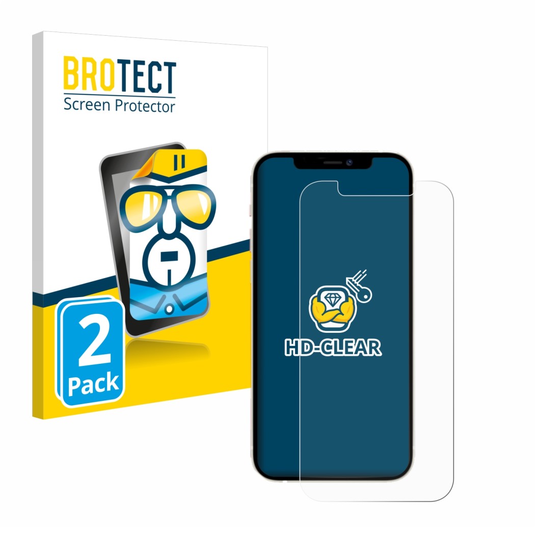 Face avant d’un emballage produit avec le logo de la marque BROTECT. À côté, l’appareil Apple iPhone 12 est représenté avec la