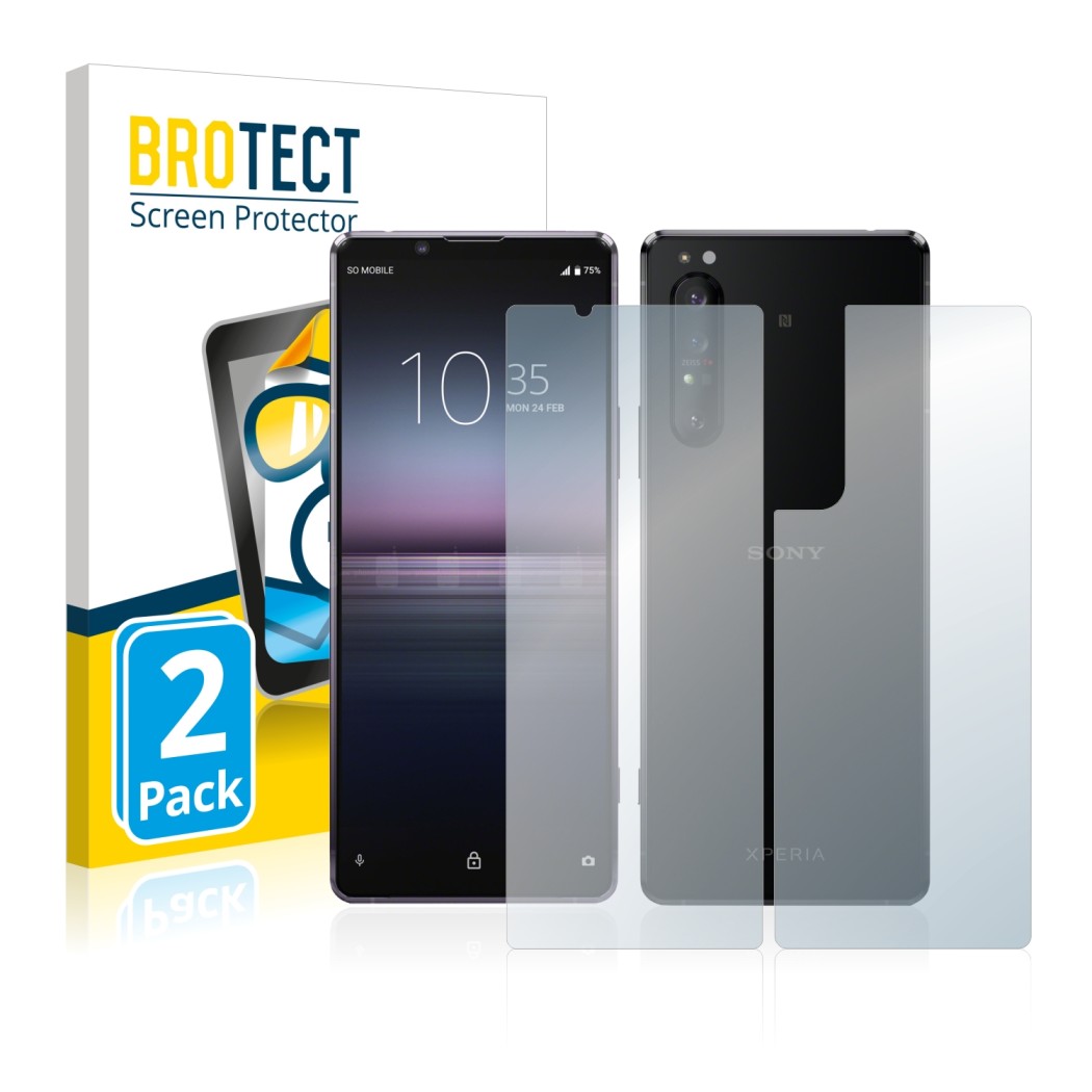 Front side of a product packaging with the brand logo BROTECT. Next to it is the device Sony Xperia 1 II (Front+Back) shown wi
