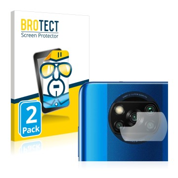 Front side of a product packaging with the brand logo BROTECT. Next to it is the device Xiaomi Poco X3 NFC (ONLY Camera Lens) 