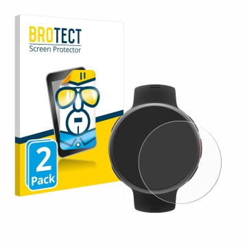 Front side of a product packaging with the brand logo BROTECT. Next to it is the device Polar Vantage V2 shown with the corres