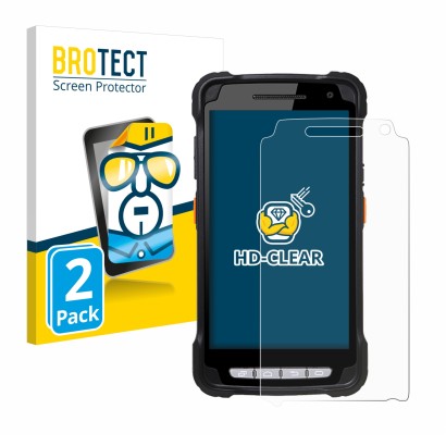 Front side of a product packaging with the brand logo BROTECT. Next to it is the device Point Mobile PM90 shown with the corre