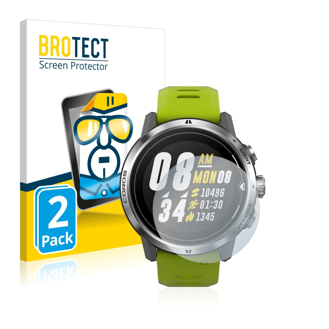 Parte frontale di una confezione del prodotto con il logo del marchio BROTECT. Accanto è raffigurato il dispositivo Coros Apex