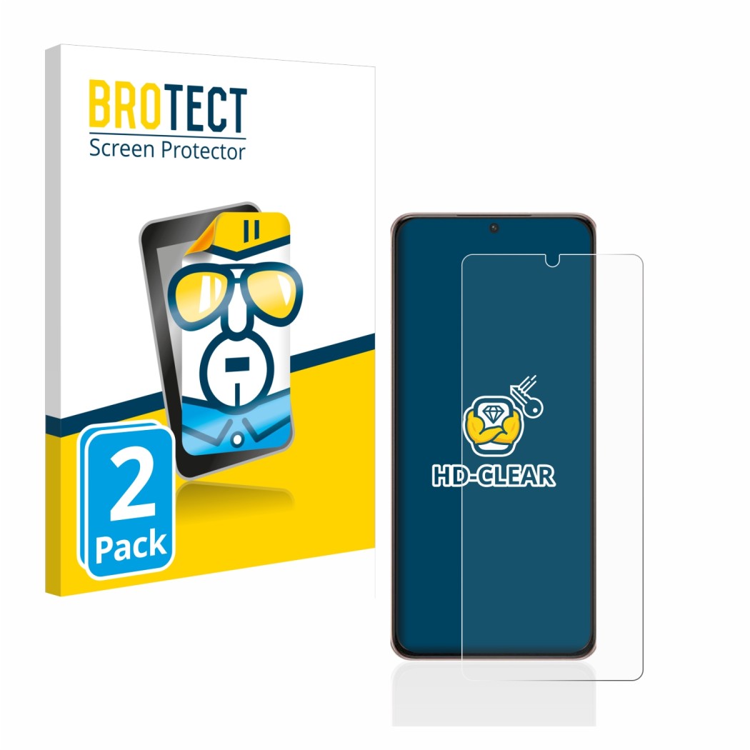 Face avant d’un emballage produit avec le logo de la marque BROTECT. À côté, l’appareil Samsung Galaxy S21 Ultra 5G est représ