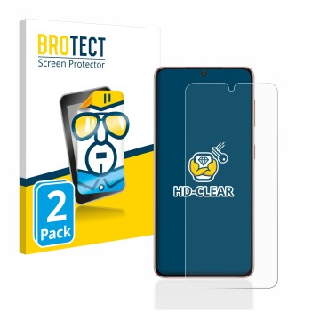 Face avant d’un emballage produit avec le logo de la marque BROTECT. À côté, l’appareil Samsung Galaxy S21 5G est représenté a