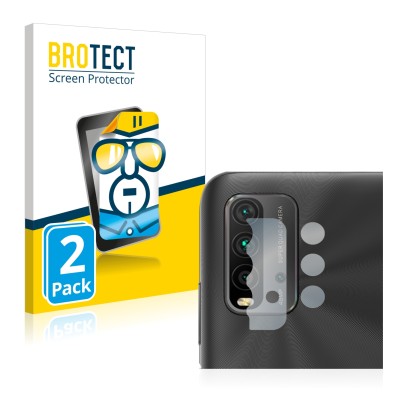 Face avant d’un emballage produit avec le logo de la marque BROTECT. À côté, l’appareil Xiaomi Redmi 9T (Caméra UNIQUEMENT) es